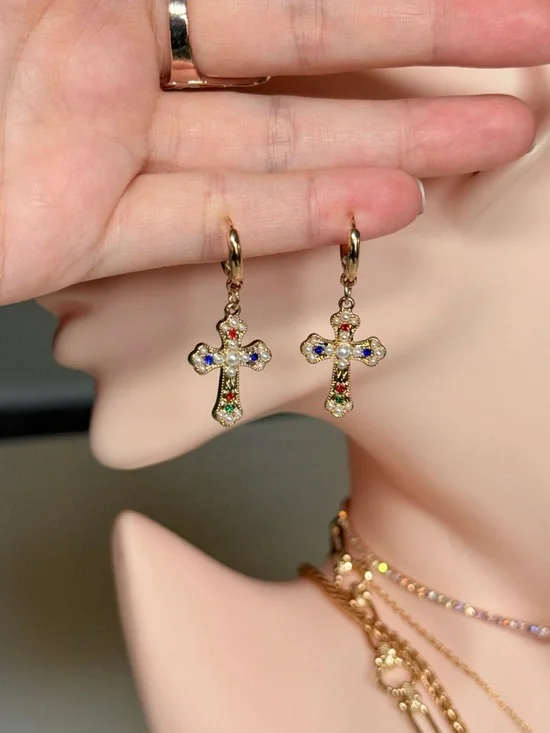 Gold Cross Pendant Huggie Earring with Multicolor Stones - Picture 10 of 12